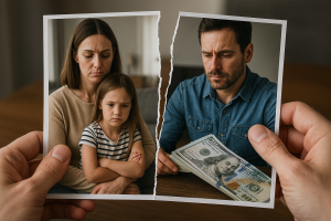 Photo déchirée montrant une famille séparée, avec un parent d’un côté et de l’argent de l’autre, symbolisant un conflit de divorce axé sur la garde d’enfants et l’argent.