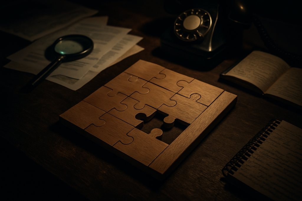 Loupe posée sur un puzzle en bois avec une pièce manquante, éclairée sur un bureau sombre – illustration du travail de recherche d’un détective privé.