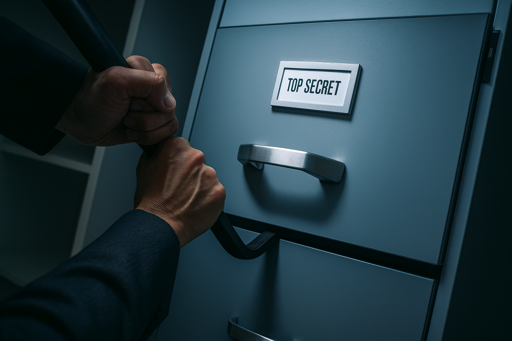 Un employé ouvre discrètement un tiroir classé « Top Secret » dans une entreprise, illustrant une enquête sur le vol ou le harcèlement au travail.