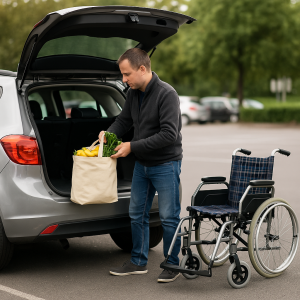 Homme déposant ses courses dans le coffre d’une voiture à côté d’un fauteuil roulant vide