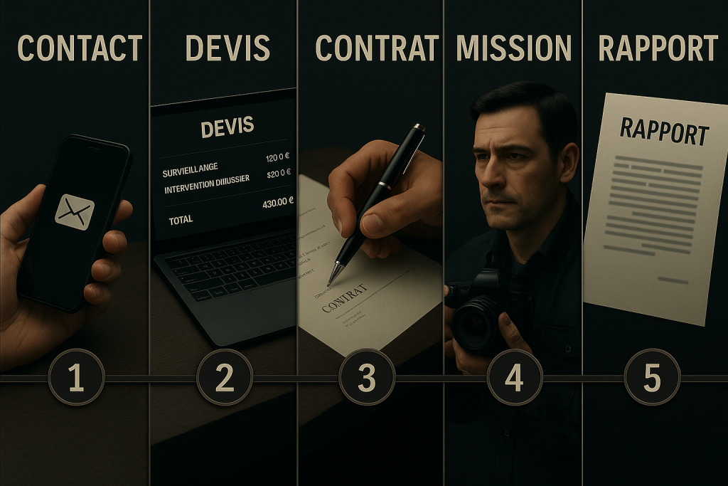 Infographie illustrant les 5 étapes d’une mission de détective privé : contact par téléphone ou e-mail, élaboration d’un devis, signature d’un contrat, réalisation de la mission, et remise d’un rapport.