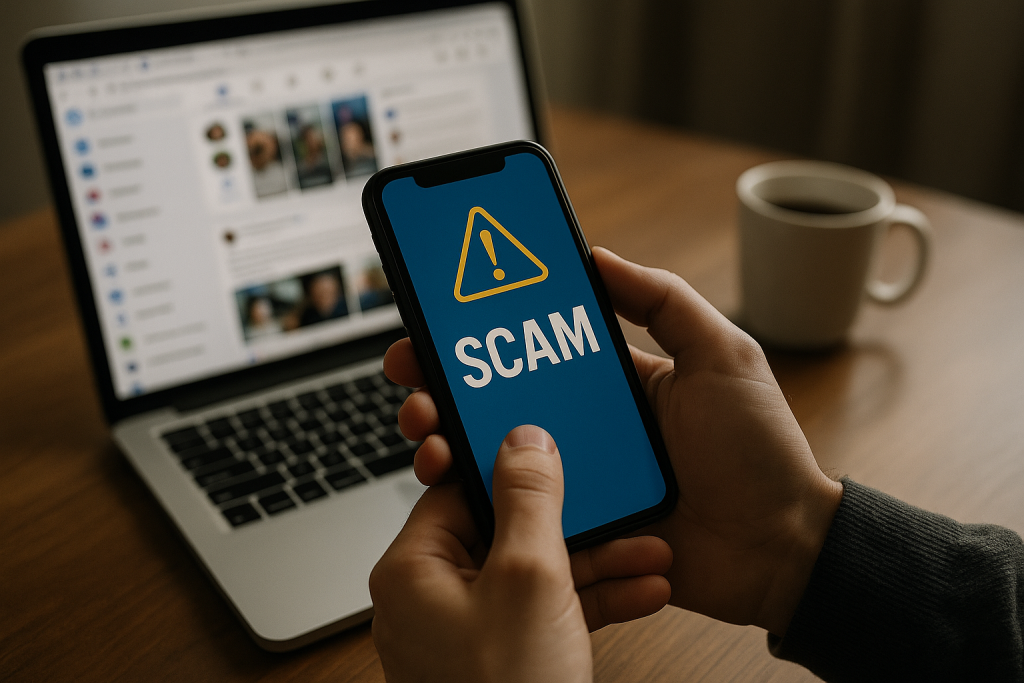 Jeune adulte consultant son téléphone avec inquiétude, illustrant les dangers liés aux réseaux sociaux comme le harcèlement, les arnaques sentimentales et la désinformation.