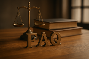 Lettres dorées “FAQ” posées sur une table en bois, avec une balance de la justice et des livres en arrière-plan.