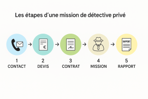 Infographie représentant les étapes d’une mission de détective privé : contact, devis, contrat, mission, rapport.