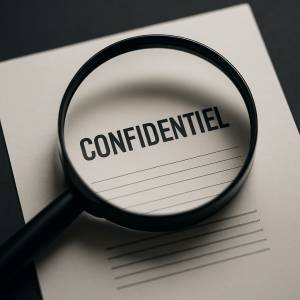 Gros plan d’une loupe mettant en évidence le mot “confidentiel” sur un document, symbolisant la discrétion d’une enquête.